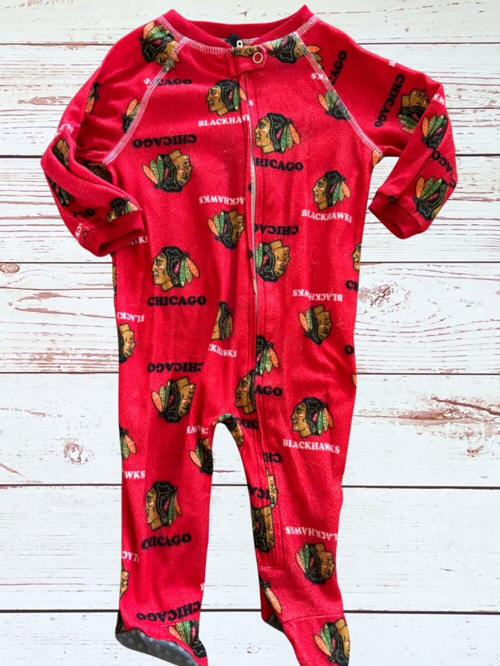 NHL Chicago Blackhawks Baby Footie Pajamas 3-6M | Red Zip Sleeper | Hockey Baby